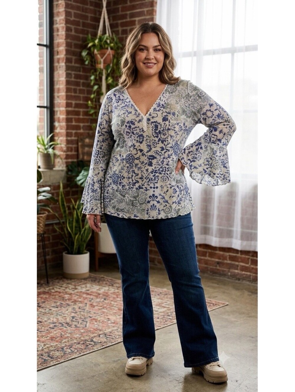 Y2K Fashion Bug Wide Wrist Boho Blouse Plus Size 18/20 Light Green And Blue